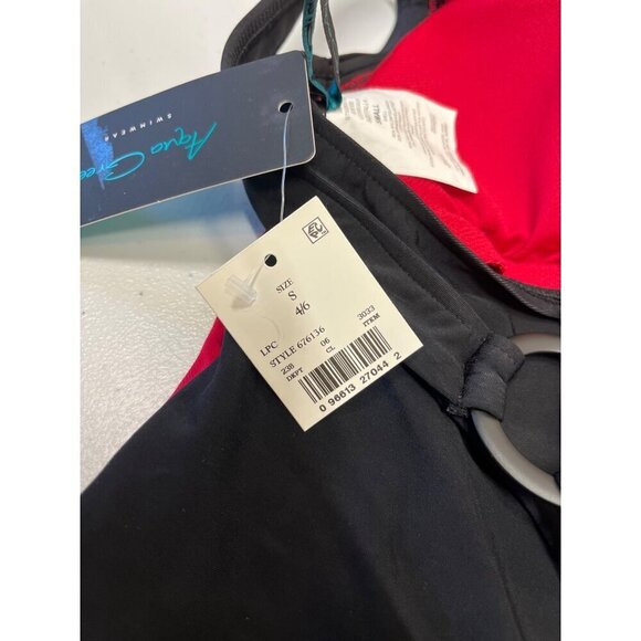 Aquagreen Colorblock One Piece Swimsuit Ruching Waistline Red Black Small NEW - Picture 5 of 6